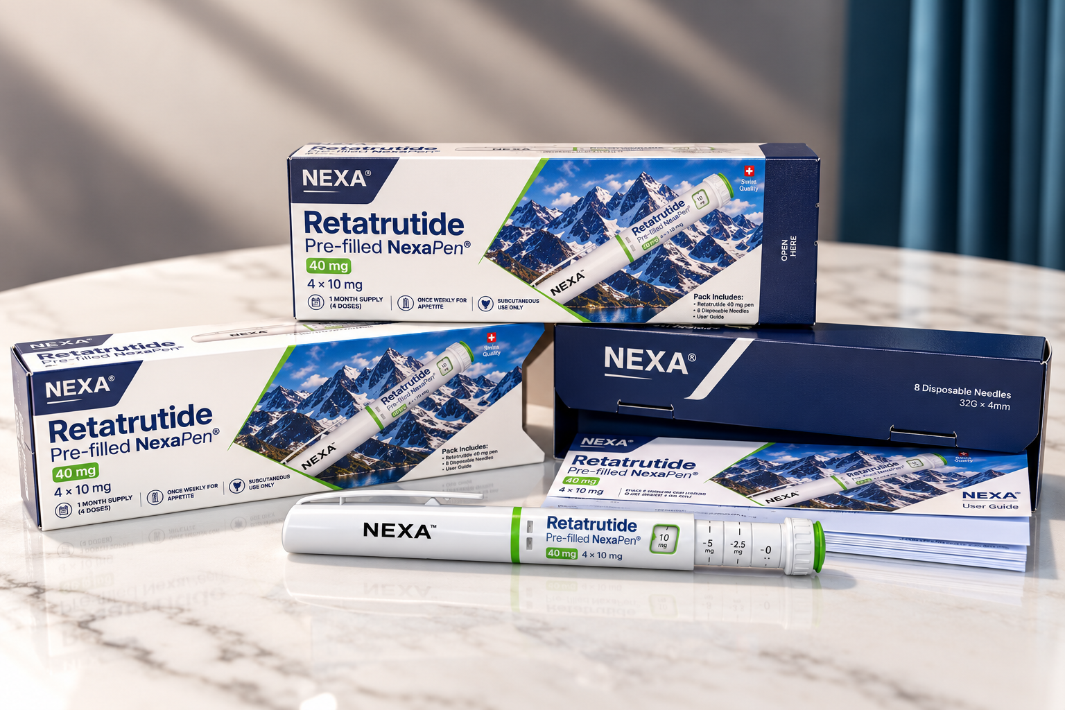 NEXA Retatrutide product packaging displayed on a marble surface
